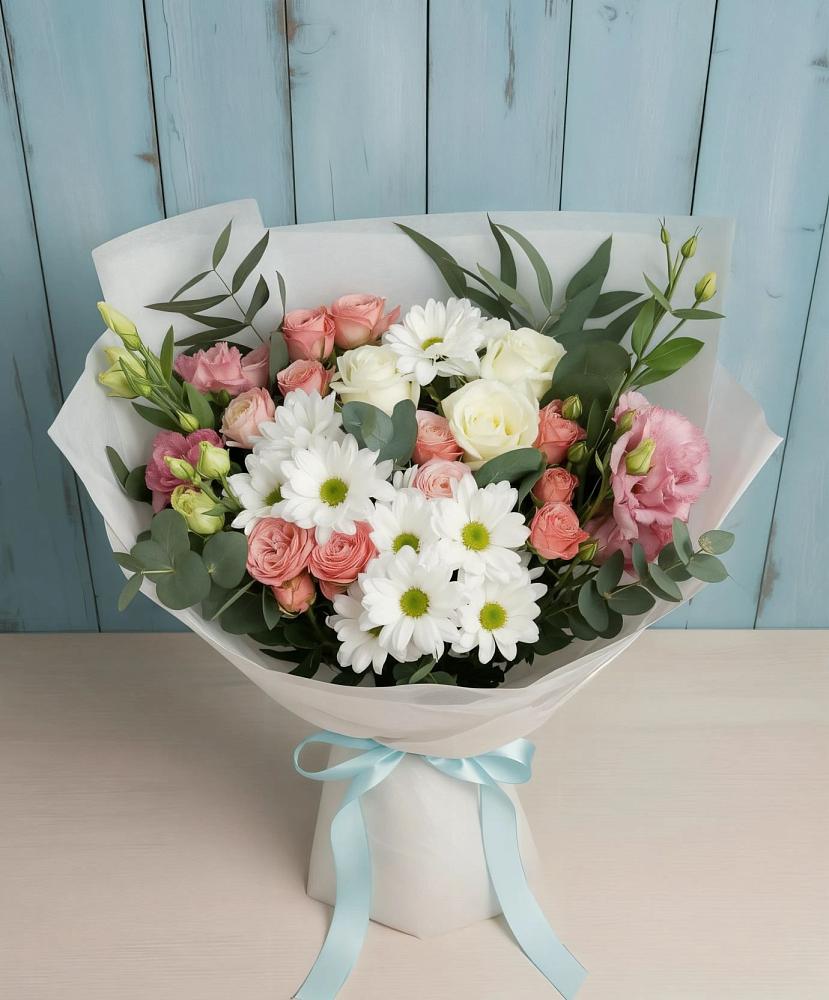 Букет цветов из: Розы, Лизиантусы и Хризантемы в Темижбекской