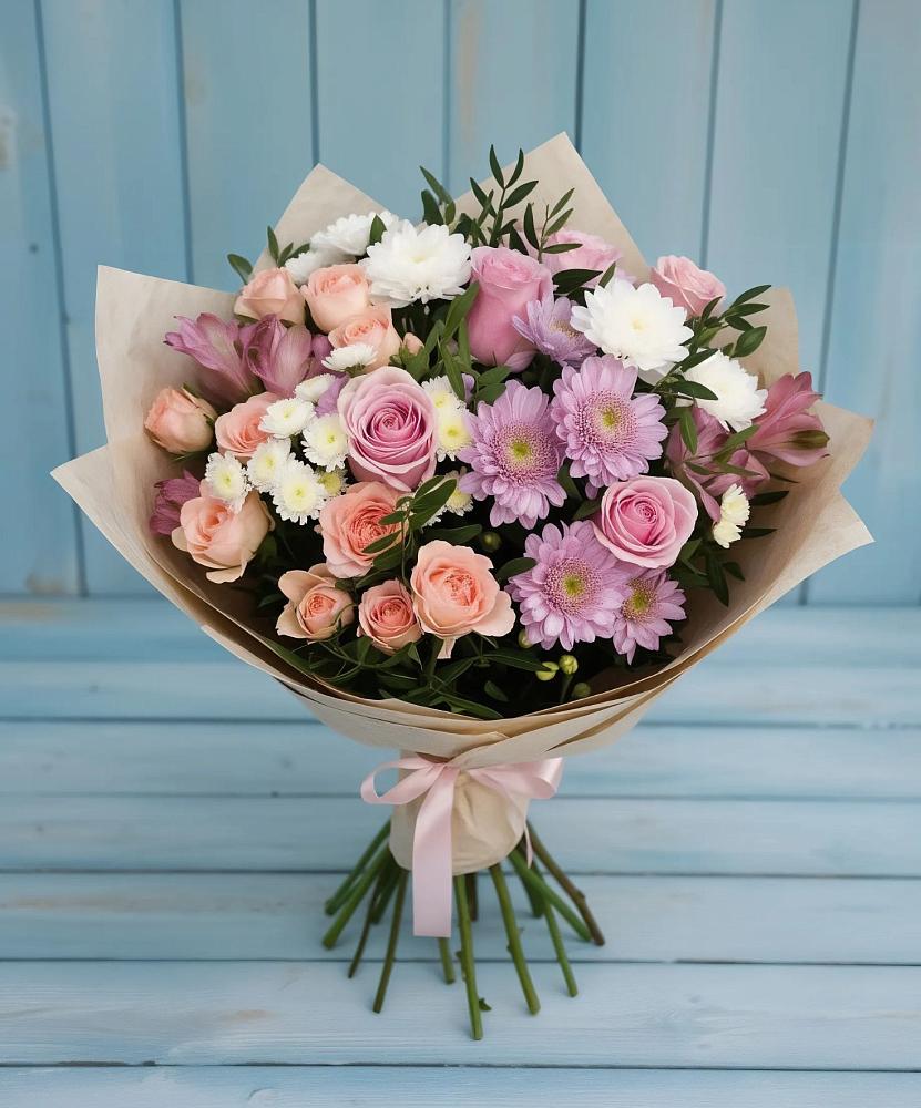 Букет цветов из: Хризантемы, Розы и Альстромерии в Темижбекской