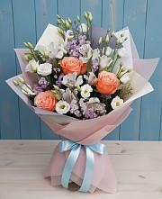 Букет цветов из:  Лизиантусы, Розы, Альстромерии и Гипсофила в Темижбекской