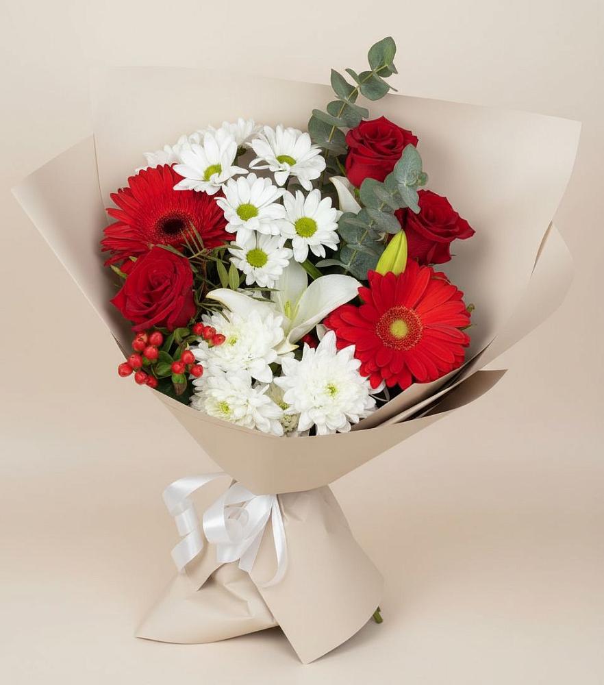 Букет цветов из: Розы, Хризантемы, Герберы и Лилии в Темижбекской