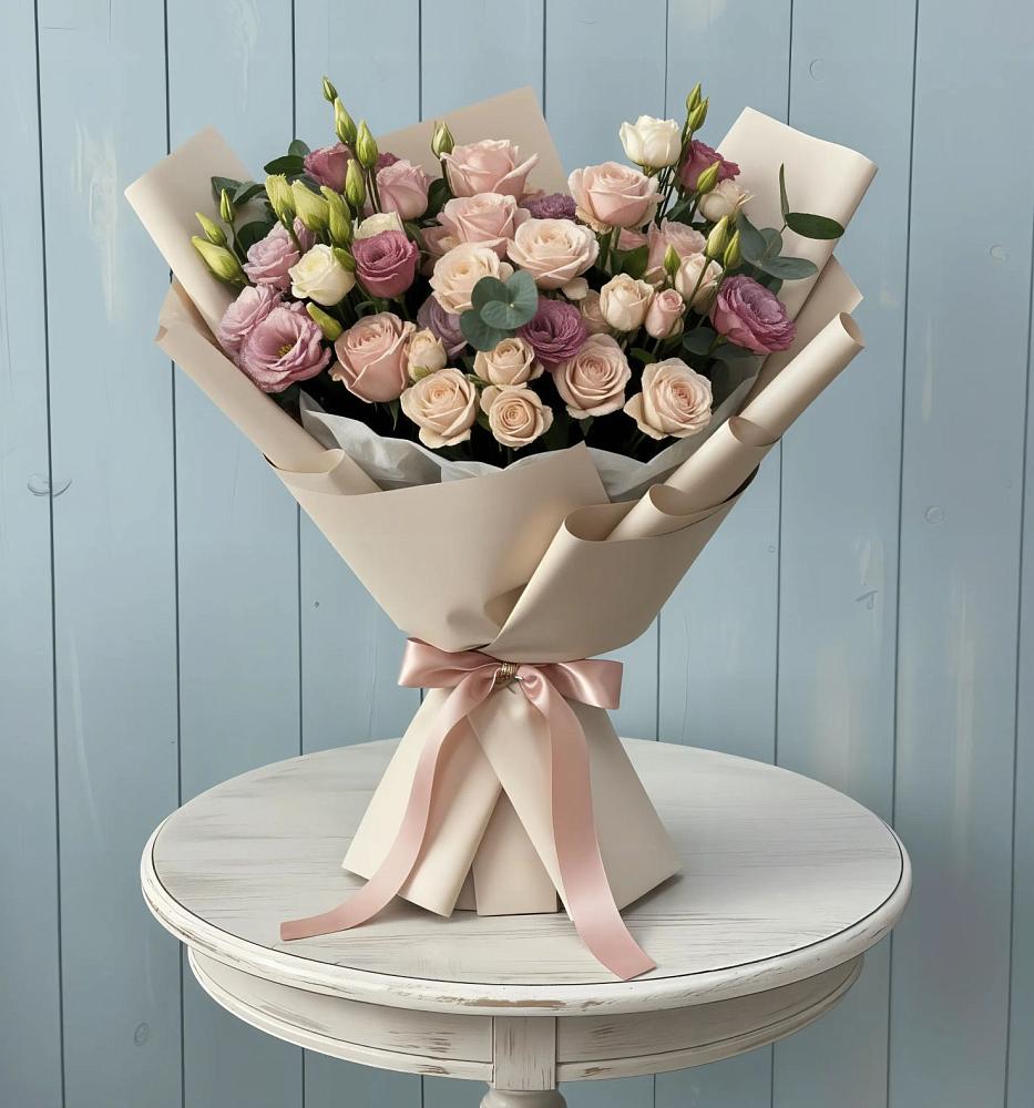 Букет цветов из: Розы и Лизиантусы в Темижбекской