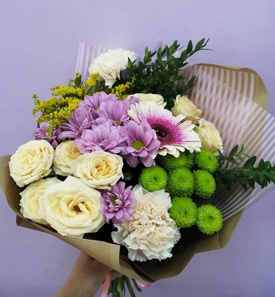 Букет цветов из: Хризантемы, Розы, Гвоздики и Герберы в Темижбекской