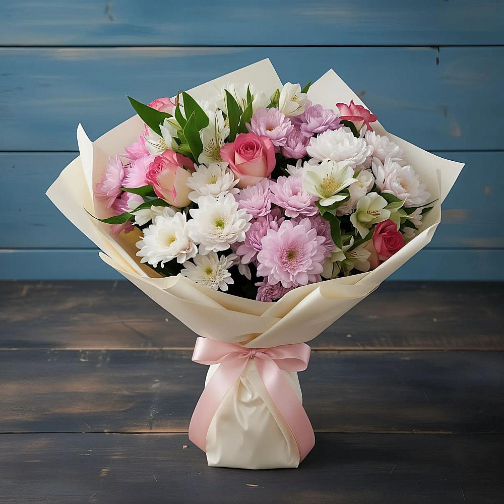 Букет цветов из: Хризантемы, Альстромерии и Розы в Темижбекской